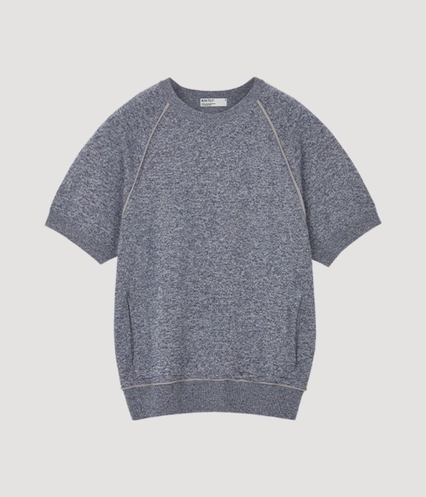 [KNITLY]  TWO POCKET LINE SHORT SLEEVE KNIT TOP / sea