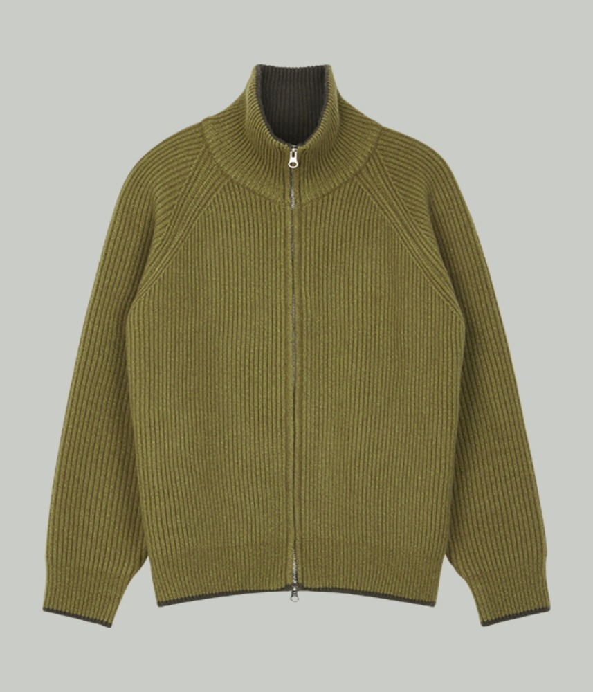[KNITLY] Wool Cotton Line Ribbed Zip-Up (Olive)