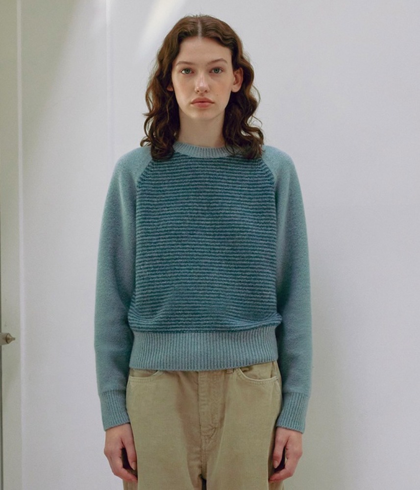 [KNITLY] Wool Cotton Stripe Sweater (Lake Blue)