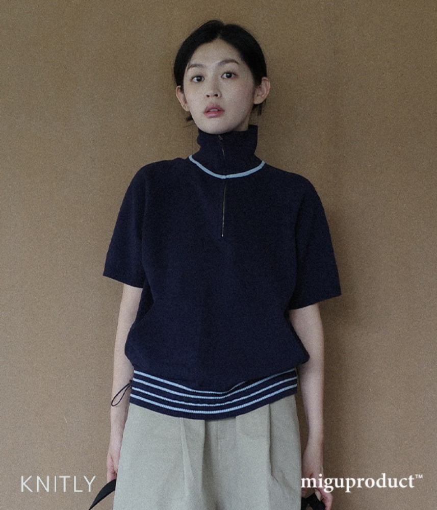 [KNITLY]  MIGU ONLY - LAST RESTOCK ! TWO POCKET STRING HALF ZIP-UP KNIT TOP / navy