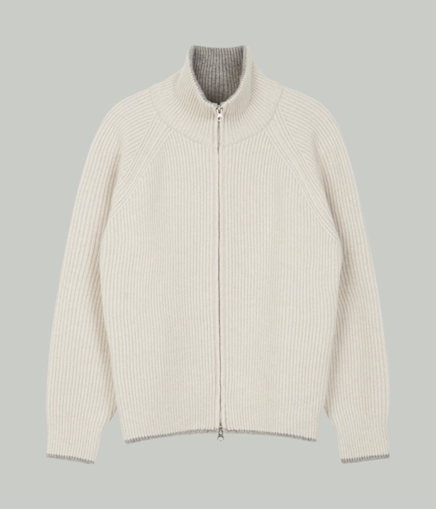 [KNITLY] Wool Cotton Line Ribbed Zip-Up (Light Grey)