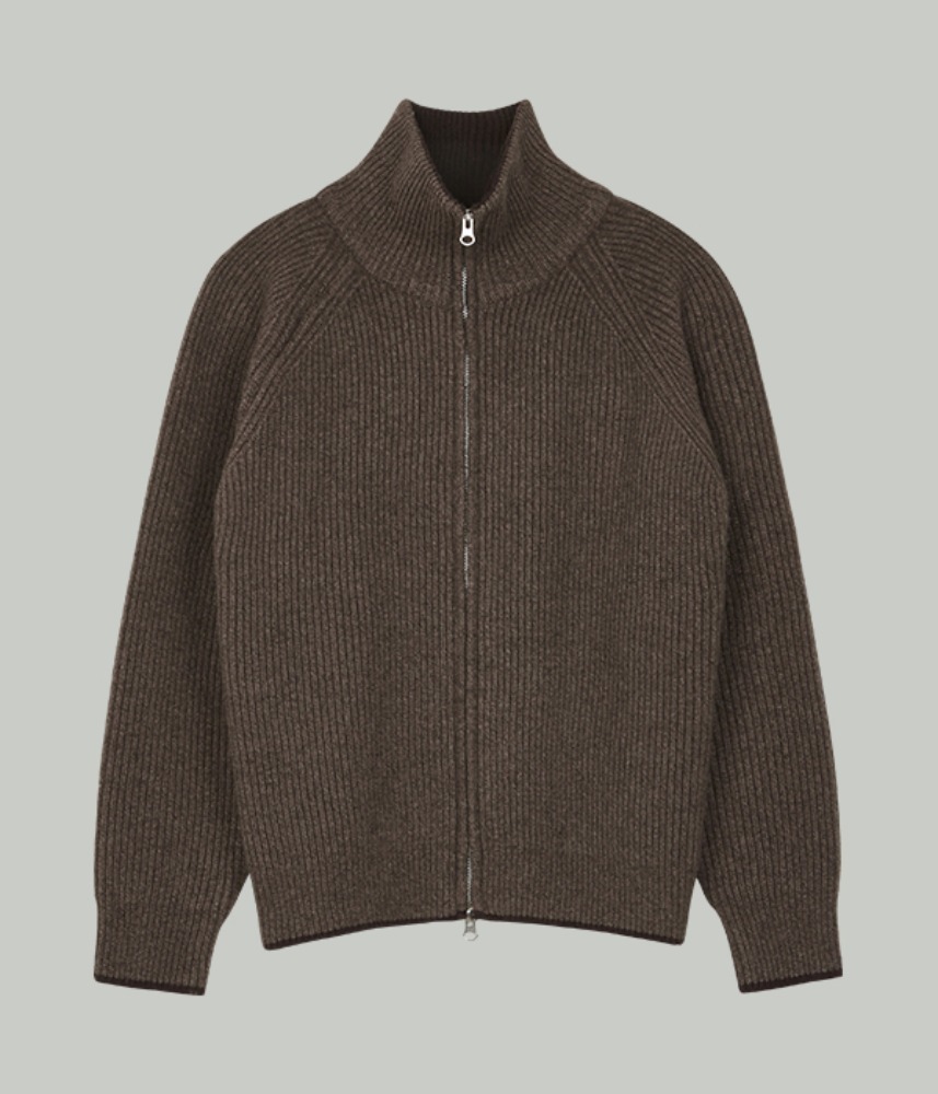 [KNITLY] Wool Cotton Line Ribbed Zip-Up (Choco brown)