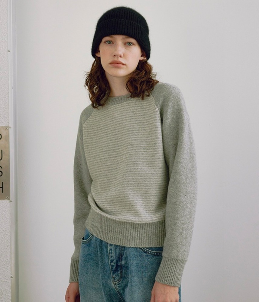 [KNITLY] Wool Cotton Stripe Sweater (Melange Grey)